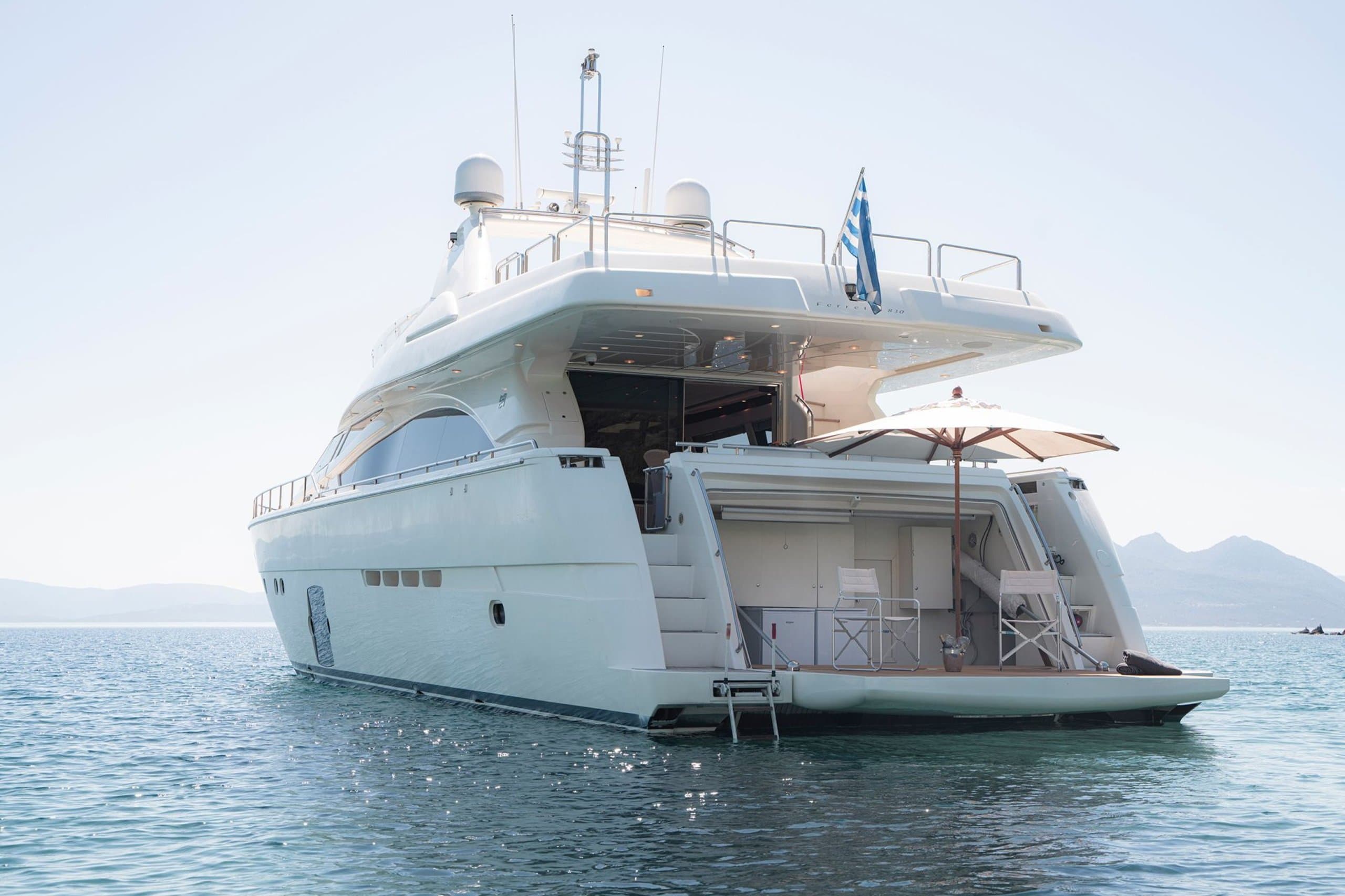 LIDIA - stern view at anchor with Greek flag, open swim platform and beach club | Drivas Yachts