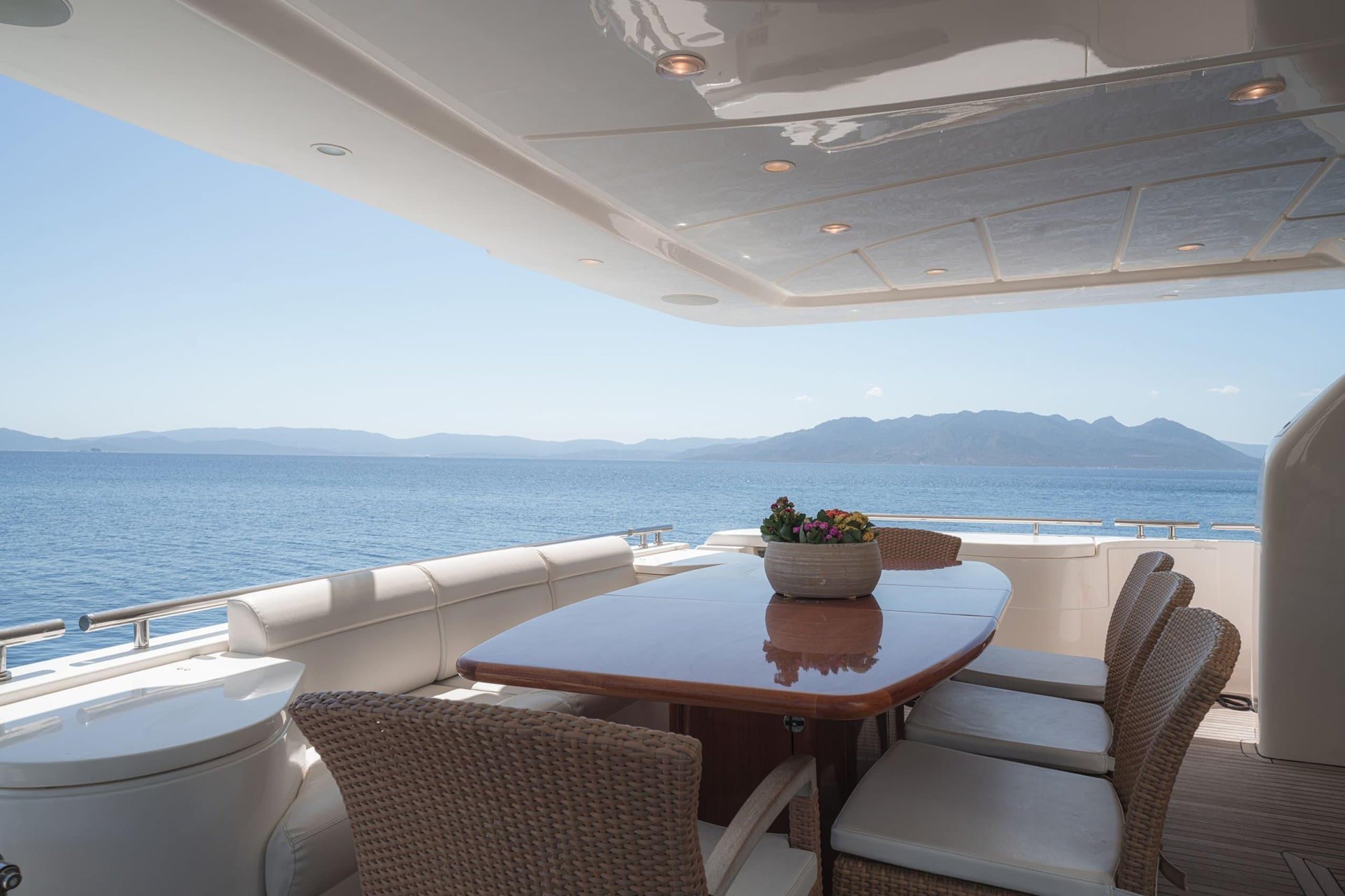 LIDIA - covered aft deck dining table with wicker chairs and open sea view | Drivas Yachts