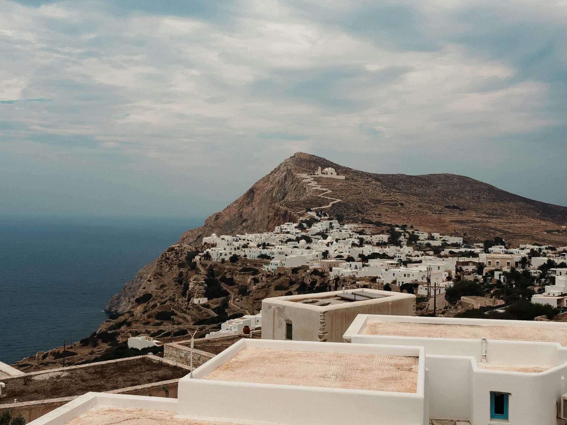 Folegandros Chora perched on dramatic cliff edge above the Aegean