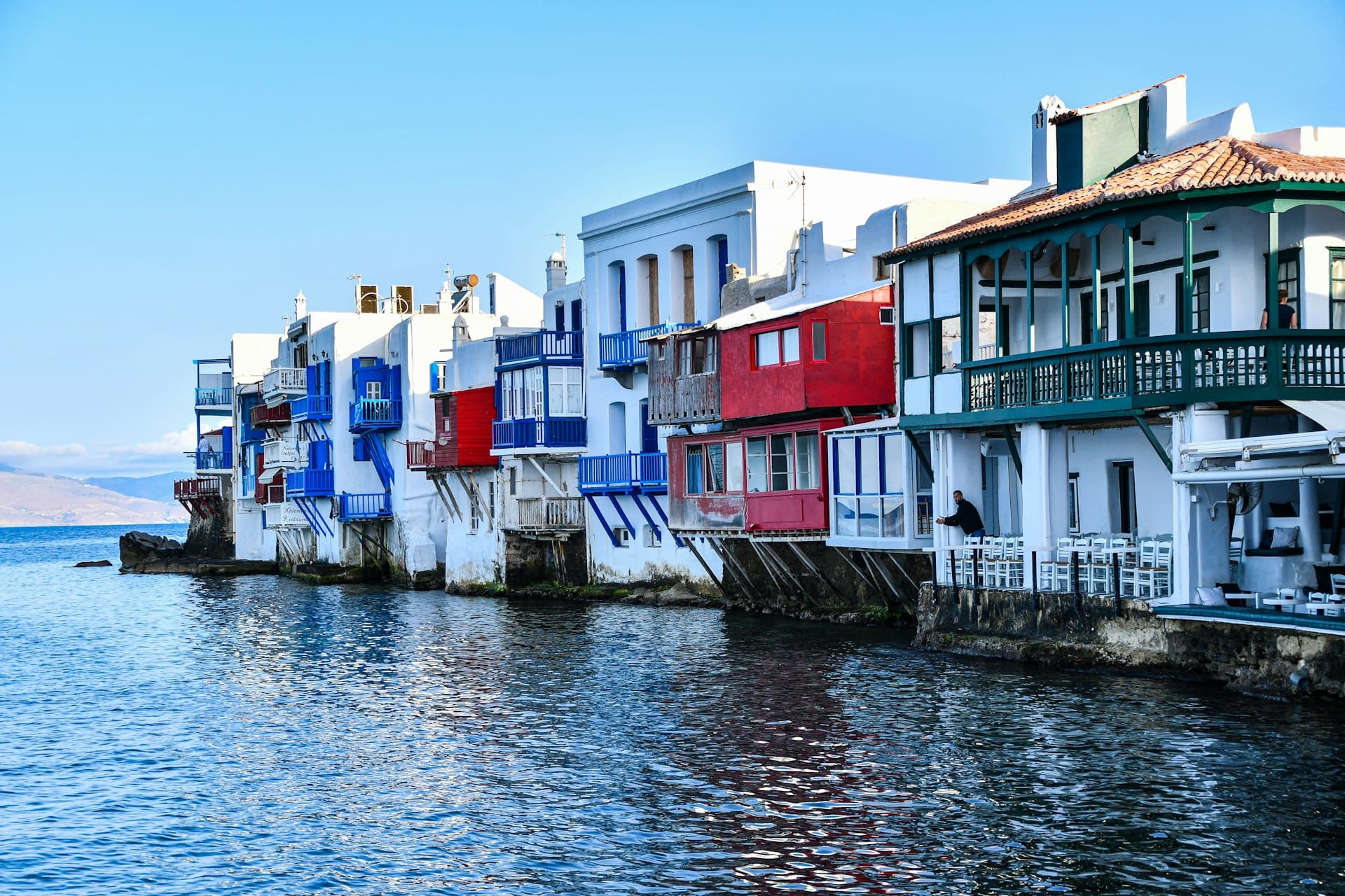 Little Venice waterfront in Mykonos at golden hour