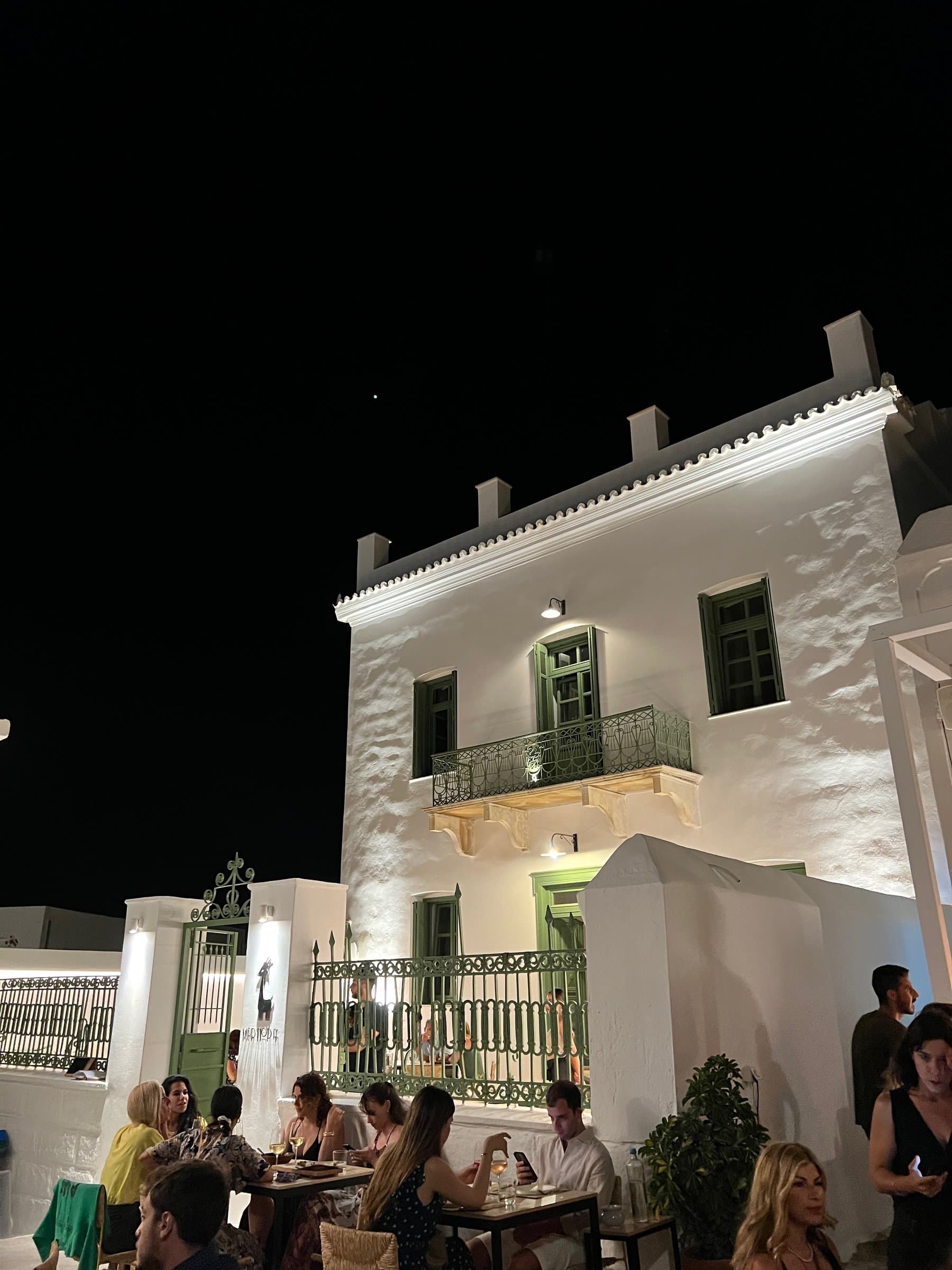 Margiora restaurant lit at night, Loutra, Kythnos