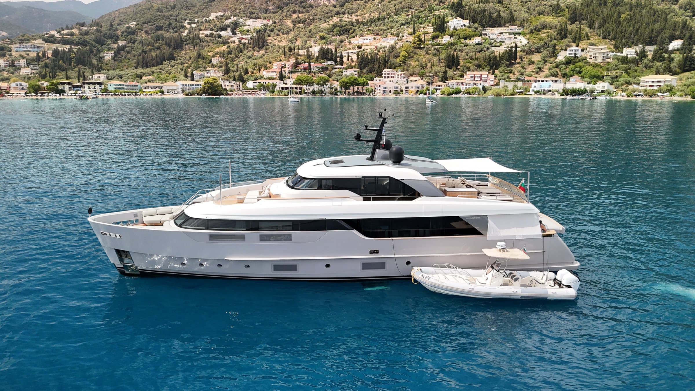 The Sanlorenzo Flori at anchor off Nydri, Lefkada, in the Ionian
