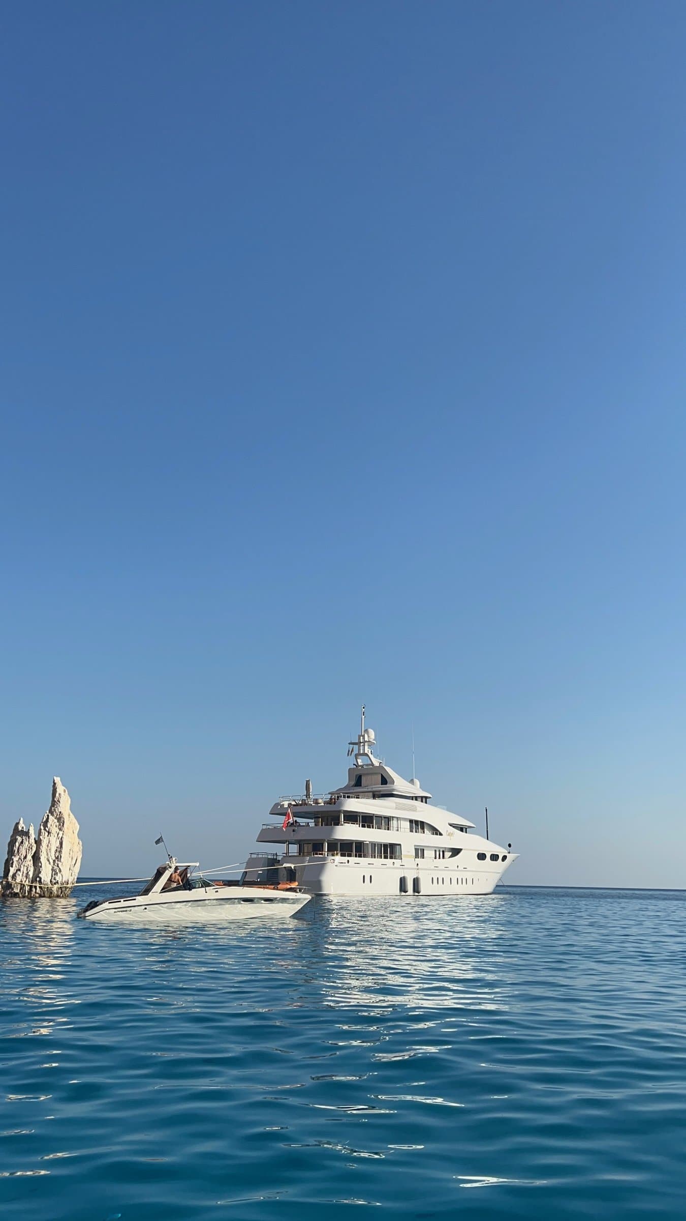 M/Y Capri and her tender anchored by the rocks of Polyaigos