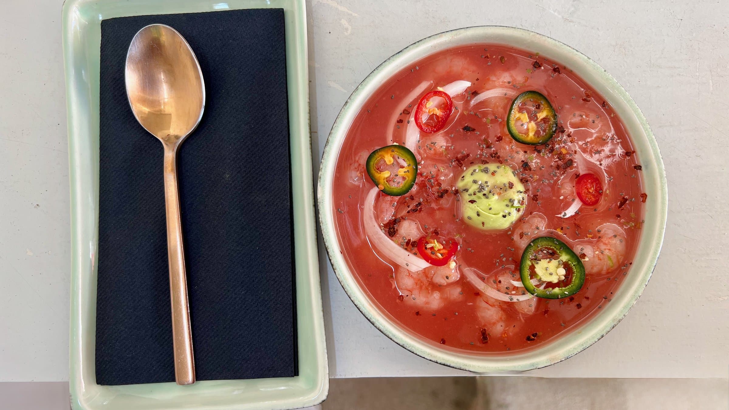 Lakonian Gulf shrimp ceviche with avocado and chilli at Omega 3, Sifnos