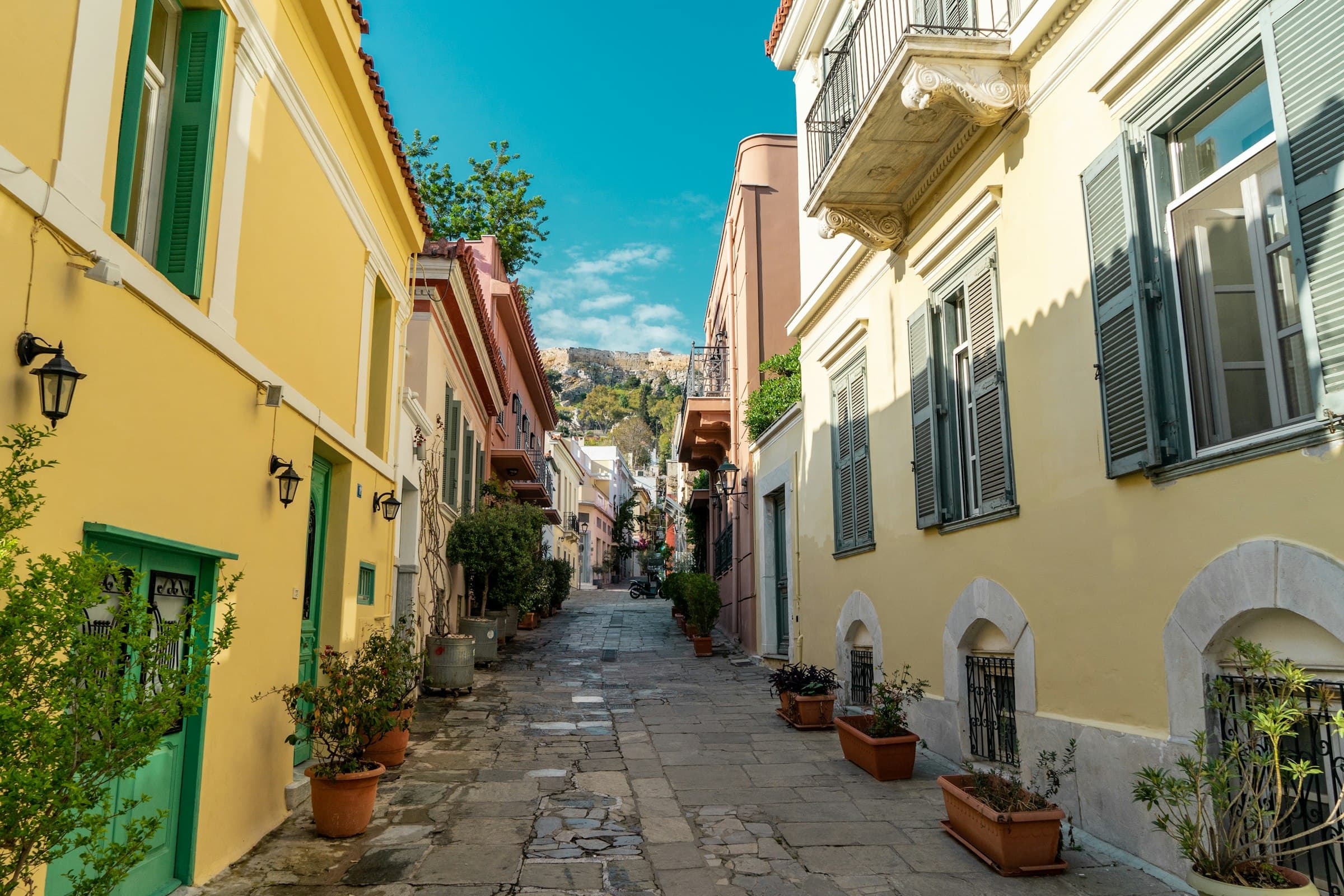 A quiet cobblestone lane in Plaka, Athens