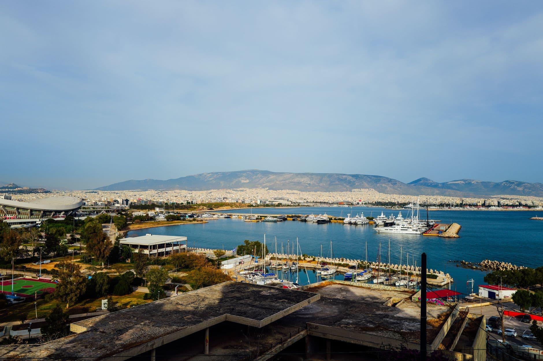 Yachts in a marina on the Athens Riviera at dusk